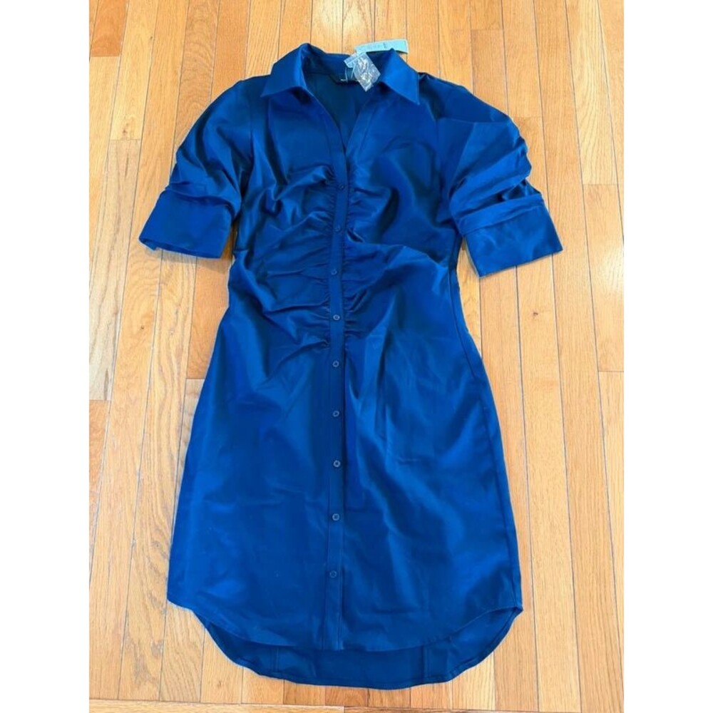 New $140 White House Black Market Ruched Shirt Dress Blue Sz 6